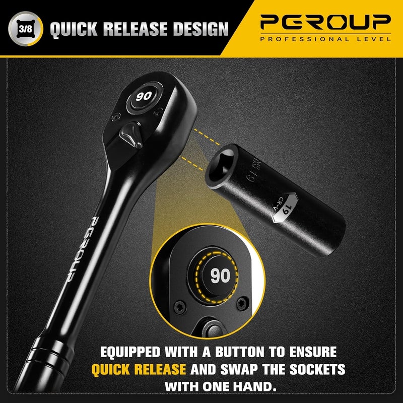 pgroup 3/8-Inch Drive Ratchet Wrench, 90 Tooth Reversible Ratchet, 4-Degree Swing, Ergonomic Handle, Chrome Alloy Made, Quick Release Ratchet Wrench for Repairing, Home, DIY - Image 4